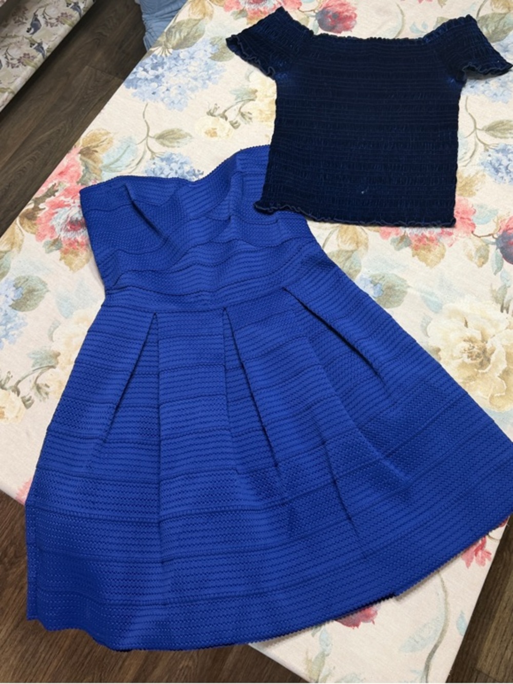 Knit Strapless Dress and Almost Famous Navy ruched top with blue suede shoes